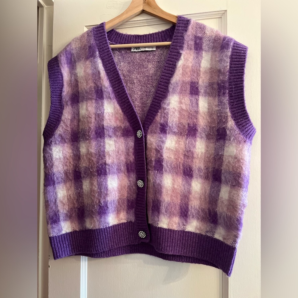 Zara Purple Plaid Knit Sweater Vest